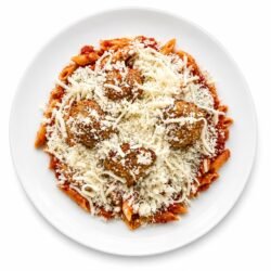 Penne Pasta with homemade meatballs and mozzarella cheese