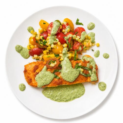 BBQ-rubbed Salmon and Summer Corn & Tomato Salad with Basil Sauce